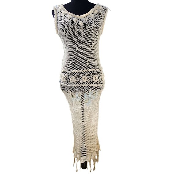 Luxury Stylish Knit Designer Crochet Knitted Maxi Fringes Flowers Dress Tunic NW - Picture 4 of 11
